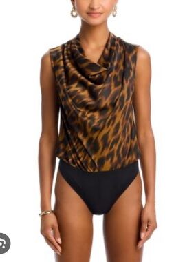 Steve Madden Leopard Print Draped One-Piece Bodysuit - Brown/Black